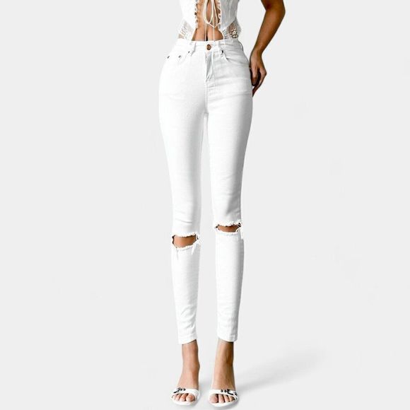 ASOS White High Waisted Distressed Ripped Knees Skinny Denim Jeans Size 24/XS - Picture 2 of 8